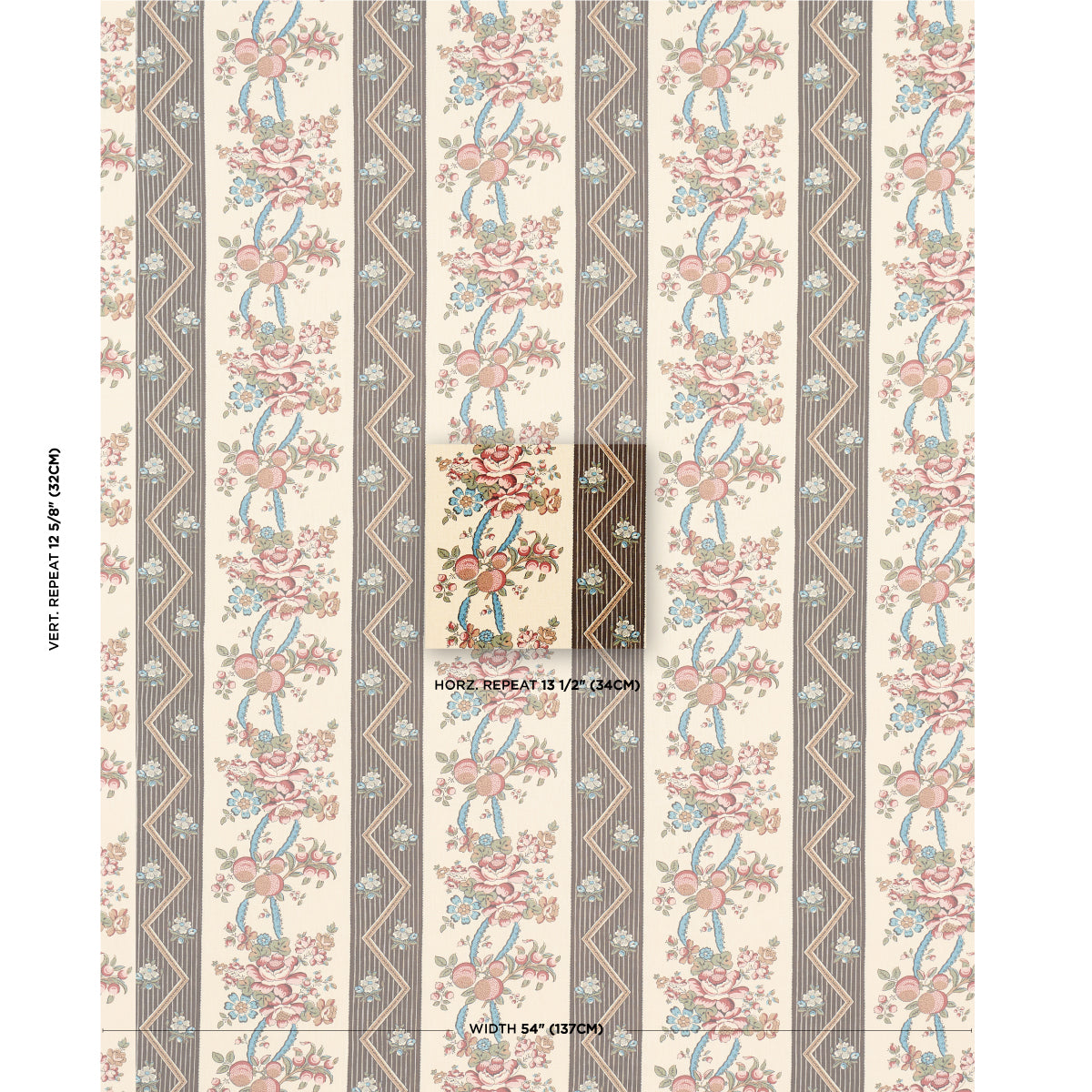 Schumacher Sylvain Floral Stripe Noir Fabric - Eade's Wallpaper