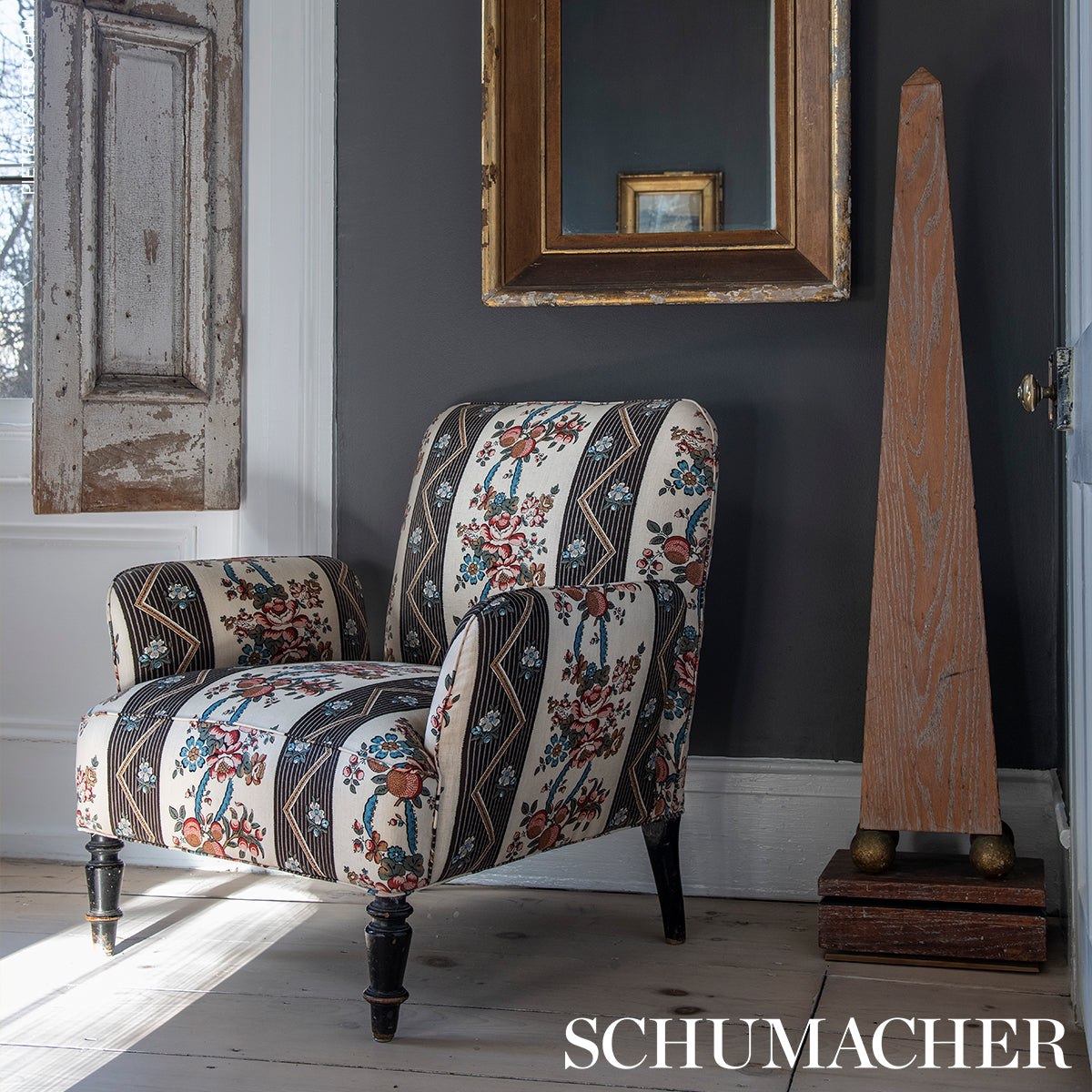 Schumacher Sylvain Floral Stripe Noir Fabric - Eade's Wallpaper