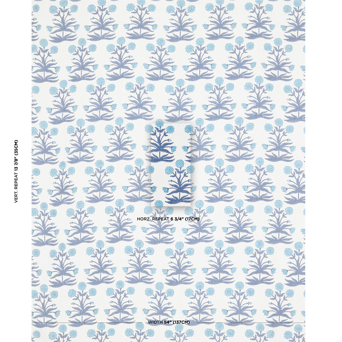 Schumacher Mughal Hand Block Print Sky Indigo Fabric - Eade's Wallpaper