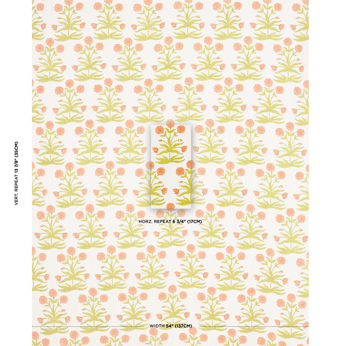 Schumacher Mughal Hand Block Print Peach Sap Green Fabric - Eade's Wallpaper