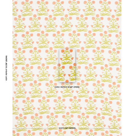 Schumacher Mughal Hand Block Print Peach Sap Green Fabric - Eade's Wallpaper