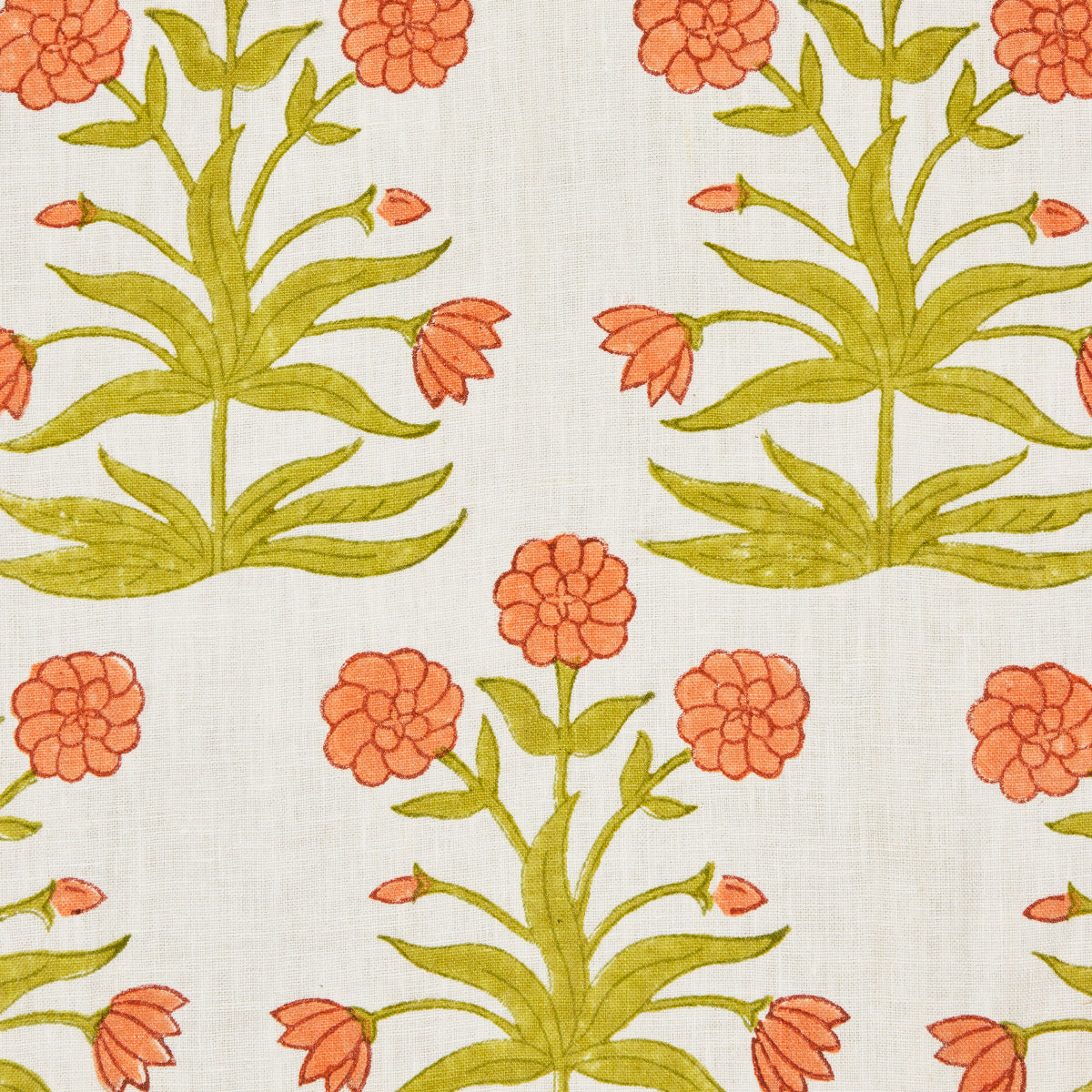 Schumacher Mughal Hand Block Print Peach Sap Green Fabric - Eade's Wallpaper