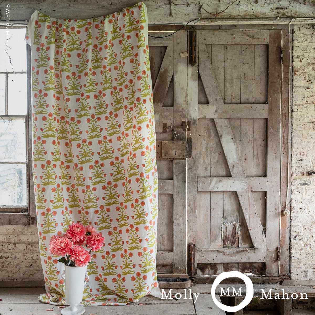 Schumacher Mughal Hand Block Print Peach Sap Green Fabric - Eade's Wallpaper