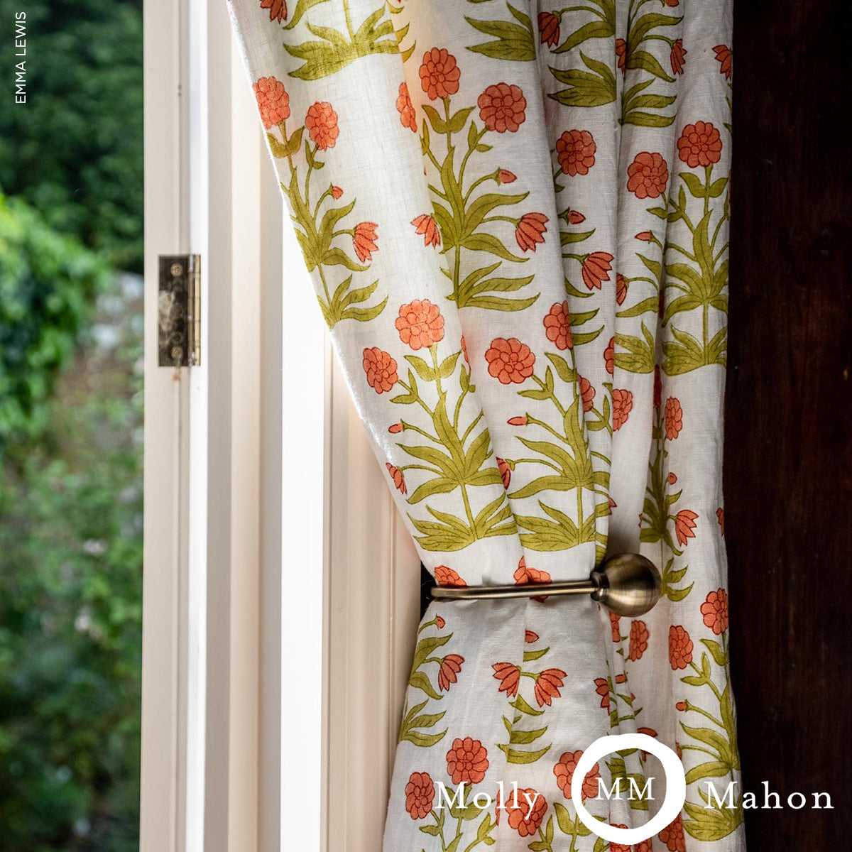 Schumacher Mughal Hand Block Print Peach Sap Green Fabric - Eade's Wallpaper