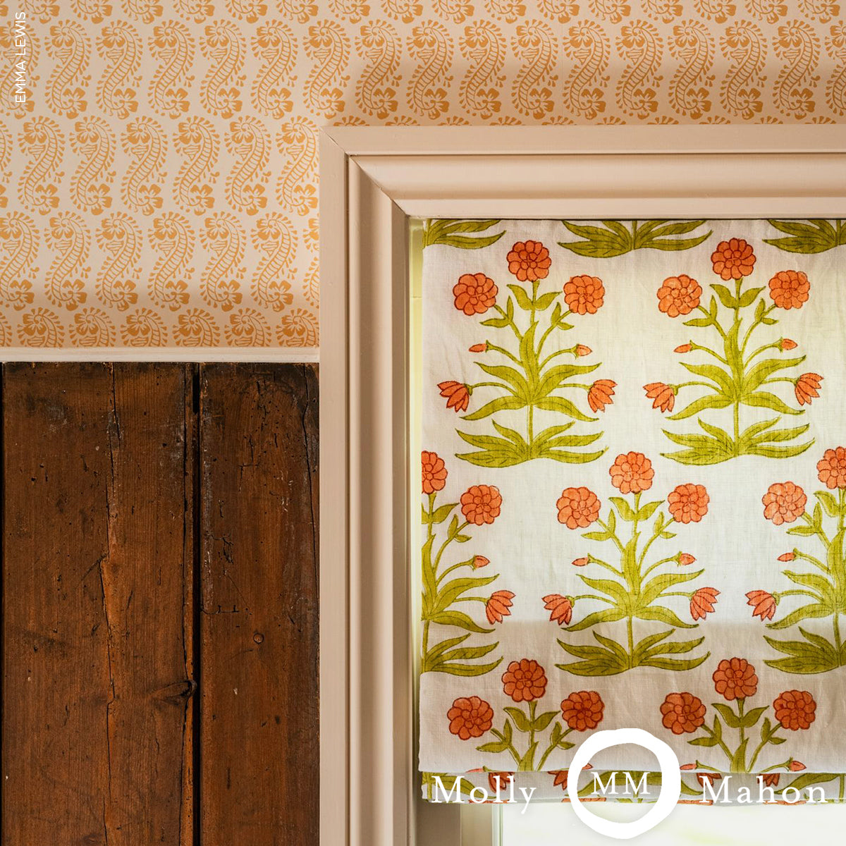 Schumacher Mughal Hand Block Print Peach Sap Green Fabric - Eade's Wallpaper