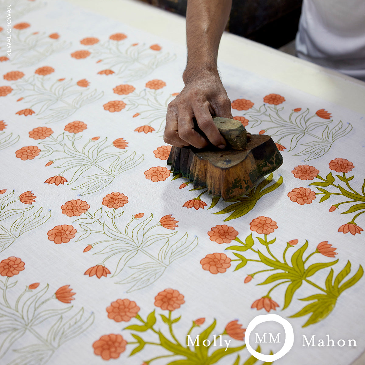 Schumacher Mughal Hand Block Print Peach Sap Green Fabric - Eade's Wallpaper
