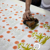 Schumacher Mughal Hand Block Print Peach Sap Green Fabric - Eade's Wallpaper