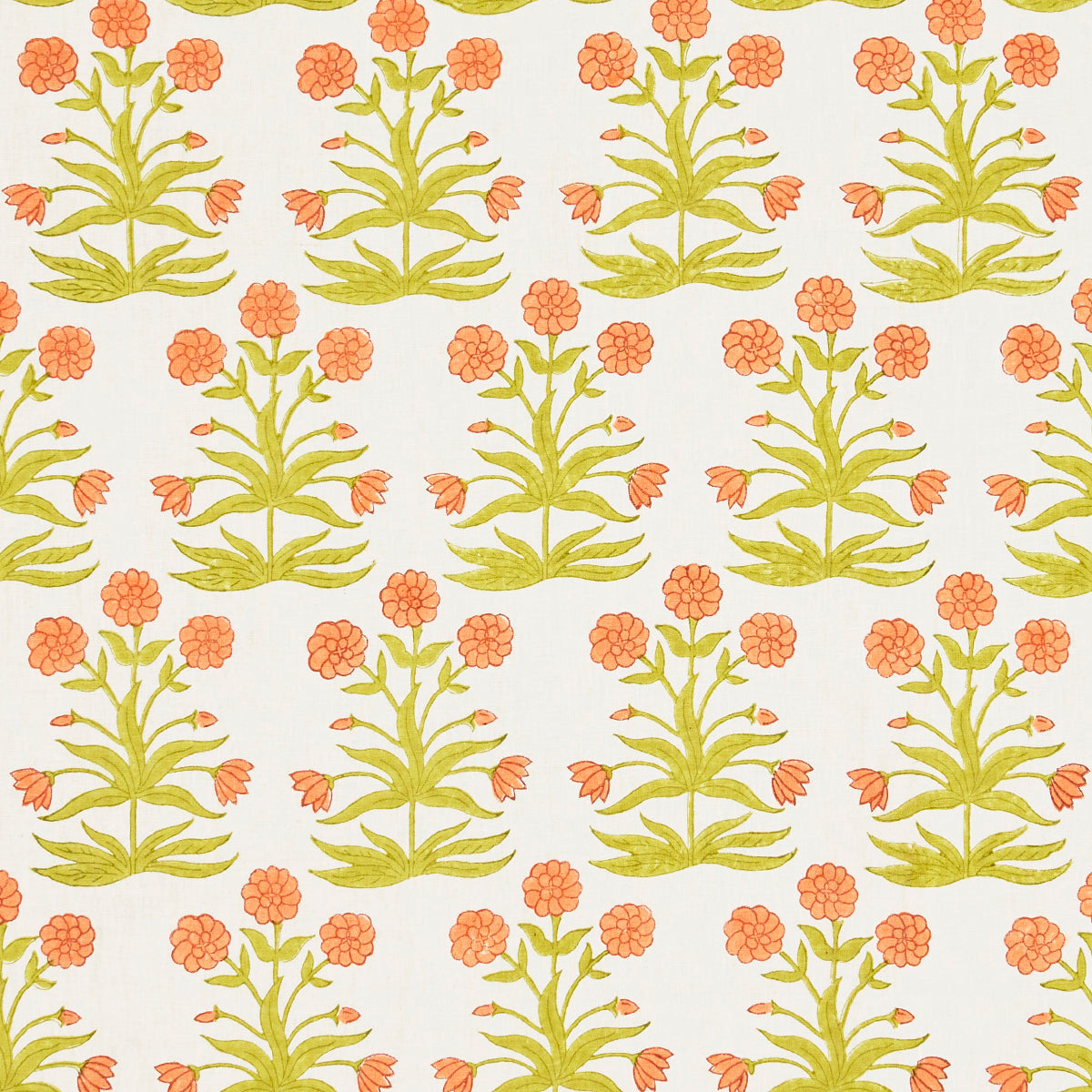 Schumacher Mughal Hand Block Print Peach Sap Green Fabric - Eade's Wallpaper