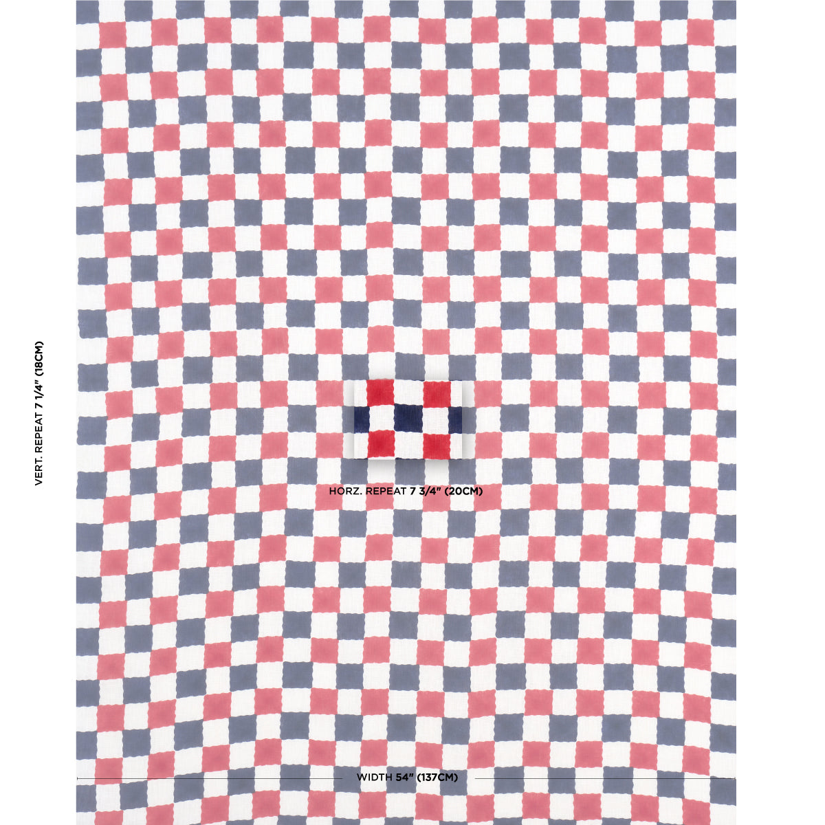 Schumacher Chequer Hand Block Print Red/Navy Fabric