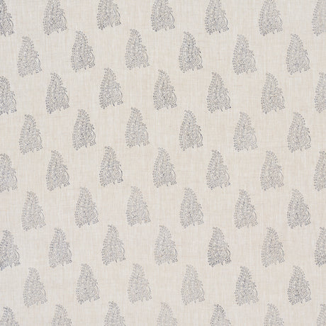 Schumacher Peacock Linen Hand Blocked Print Navy & Flax Fabric - Eade's Wallpaper