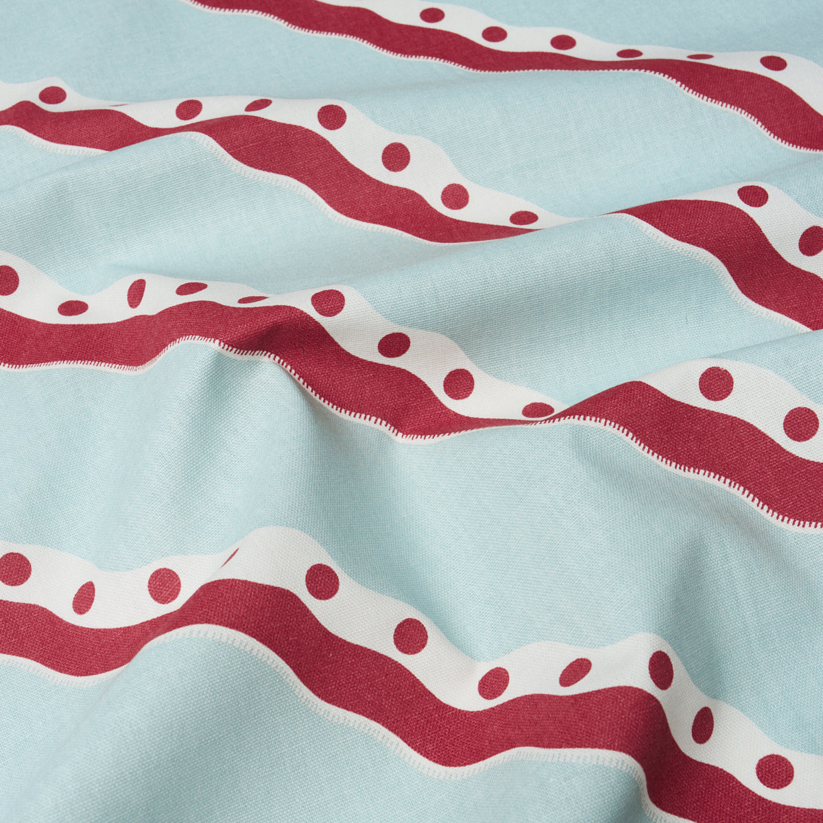 Schumacher Rousseau Stripe Rouge & Sky Fabric - Eade's Wallpaper