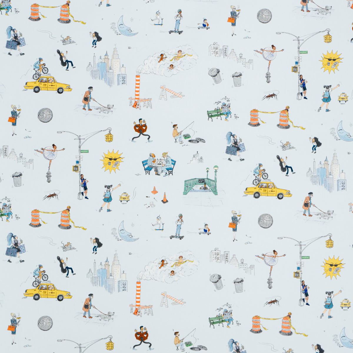 Schumacher Joana Avillez'S Street Scenes Multicolor On Sky Blue Fabric
