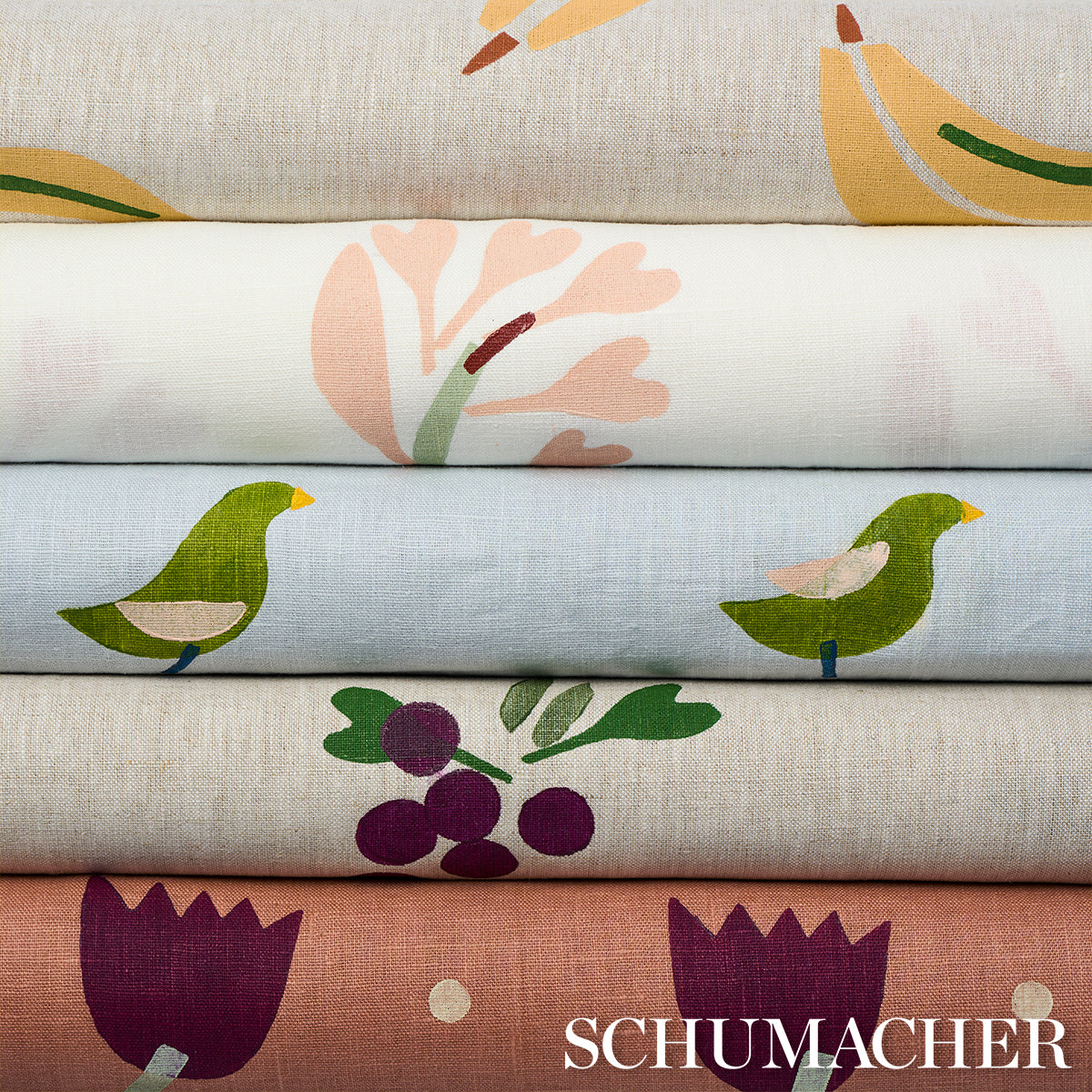Schumacher Birds Hand Block Print Green On Sky Fabric