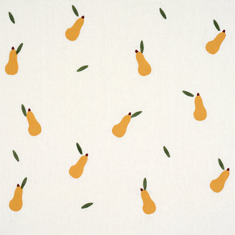 Schumacher Pears Hand Block Print Green And Ochre On White Fabric - Eade's Wallpaper