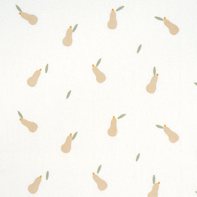 Schumacher Pears Hand Block Print Buff And Sage On White Fabric - Eade's Wallpaper