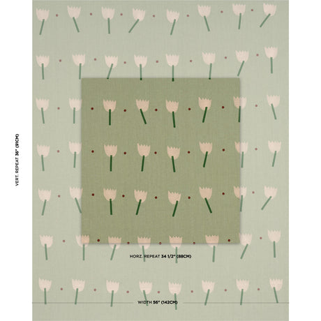 Schumacher Tulip Play Hand Block Print Peach On Sage Fabric - Eade's Wallpaper