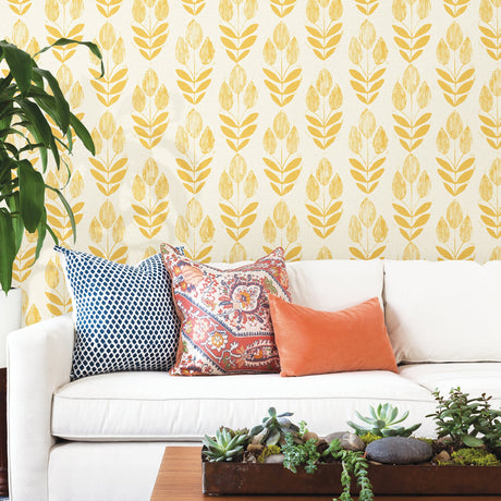 Beacon House 2535-20654 Scandinavian Yellow Block Print Tulip Wallpaper