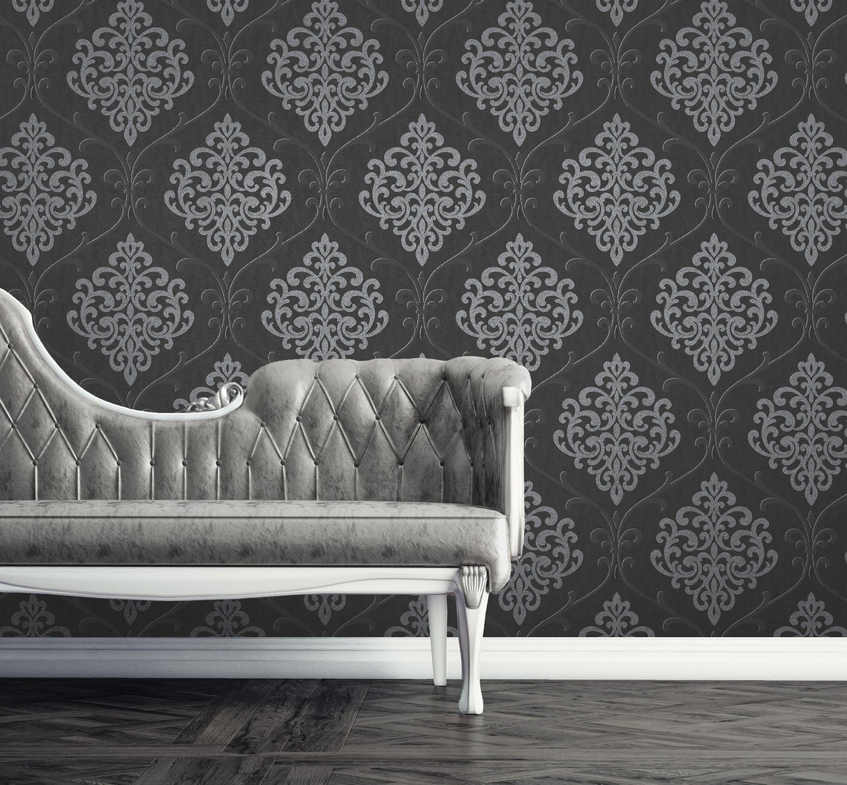 Kenneth James 2542-20718 Ambrosia Charcoal Glitter Damask Wallpaper