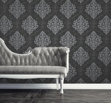 Kenneth James 2542-20718 Ambrosia Charcoal Glitter Damask Wallpaper