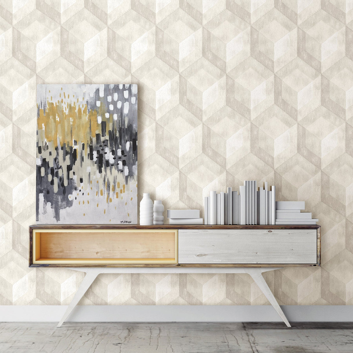 A-Street Prints 2701-22308 Rustic Wood Tile Cream Geometric Wallpaper