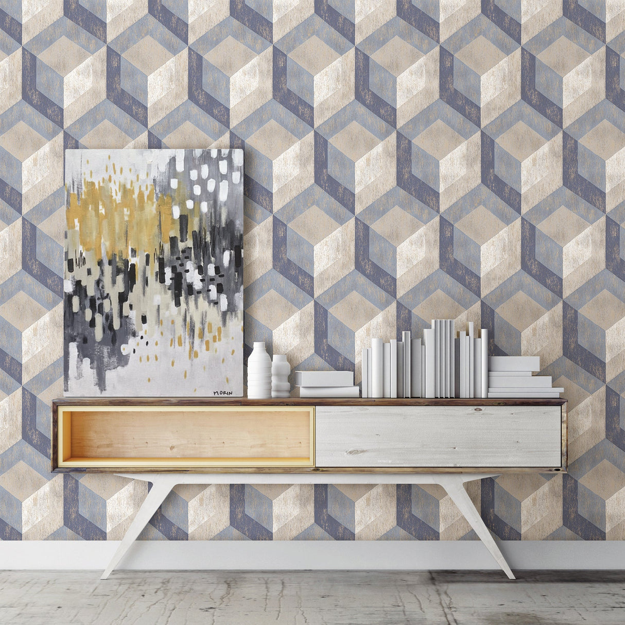 A-Street Prints 2701-22311 Rustic Wood Tile Blue Geometric Wallpaper