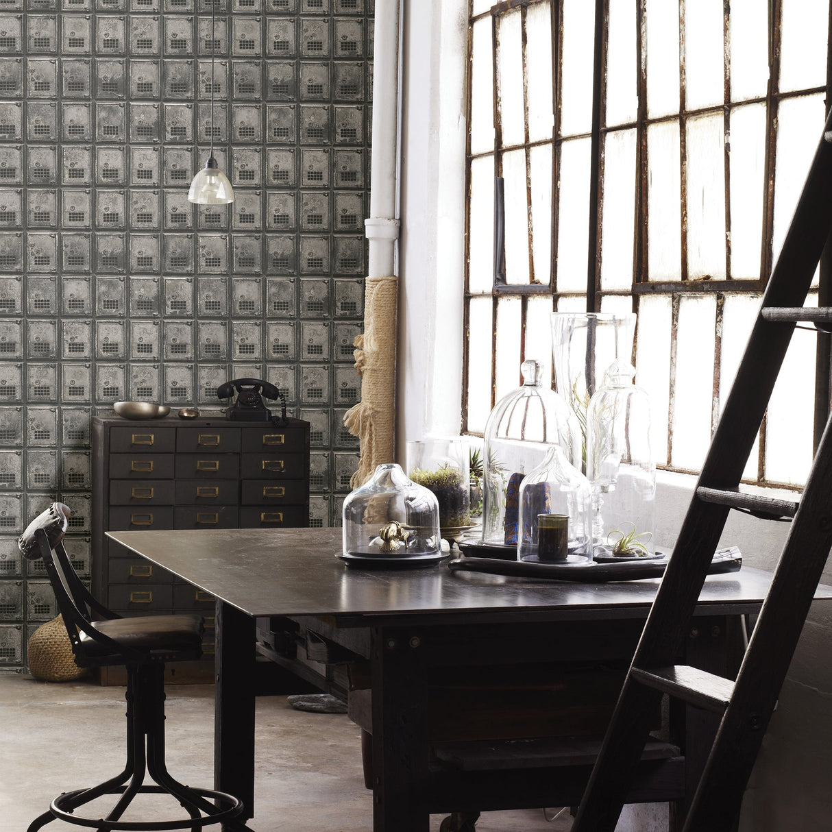 A-Street Prints 2701-22355 Vintage P.O. Boxes Charcoal Distressed Metal Wallpaper