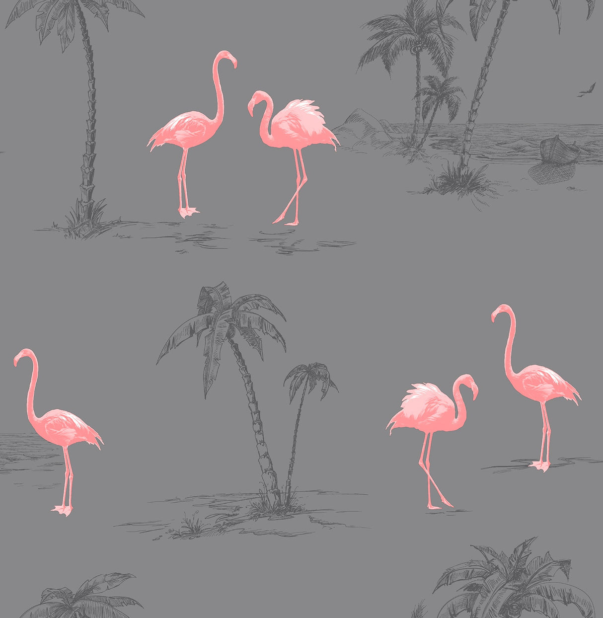 Brewster 2704-41239SW Sanibel Dark Grey Flamingo Wallpaper