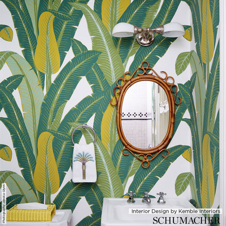 Schumacher Tropical Isle Green On White Wallpaper