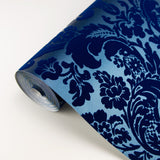 A-Street Prints 2763-87310 Shadow Blue Flocked Damask Wallpaper