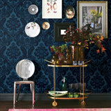 A-Street Prints 2763-87310 Shadow Blue Flocked Damask Wallpaper