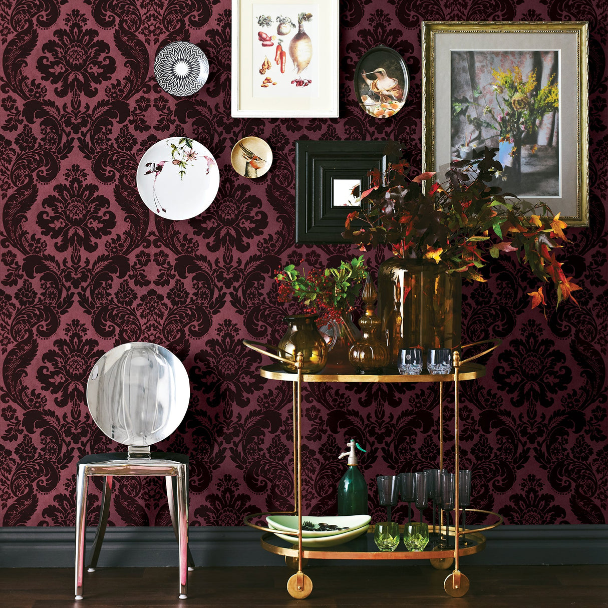 A-Street Prints 2763-87315 Shadow Merlot Flocked Damask Wallpaper