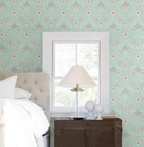 Brewster 2766-12001 Anacapa Turquoise Damask Wallpaper