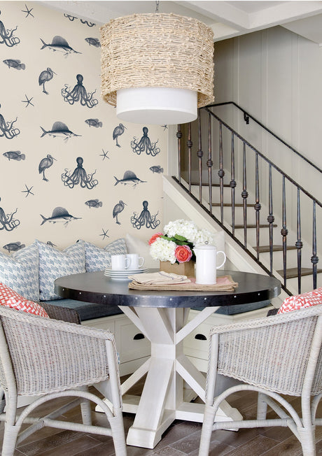 Brewster 2766-12011 Ventura Navy Sea Creature Wallpaper