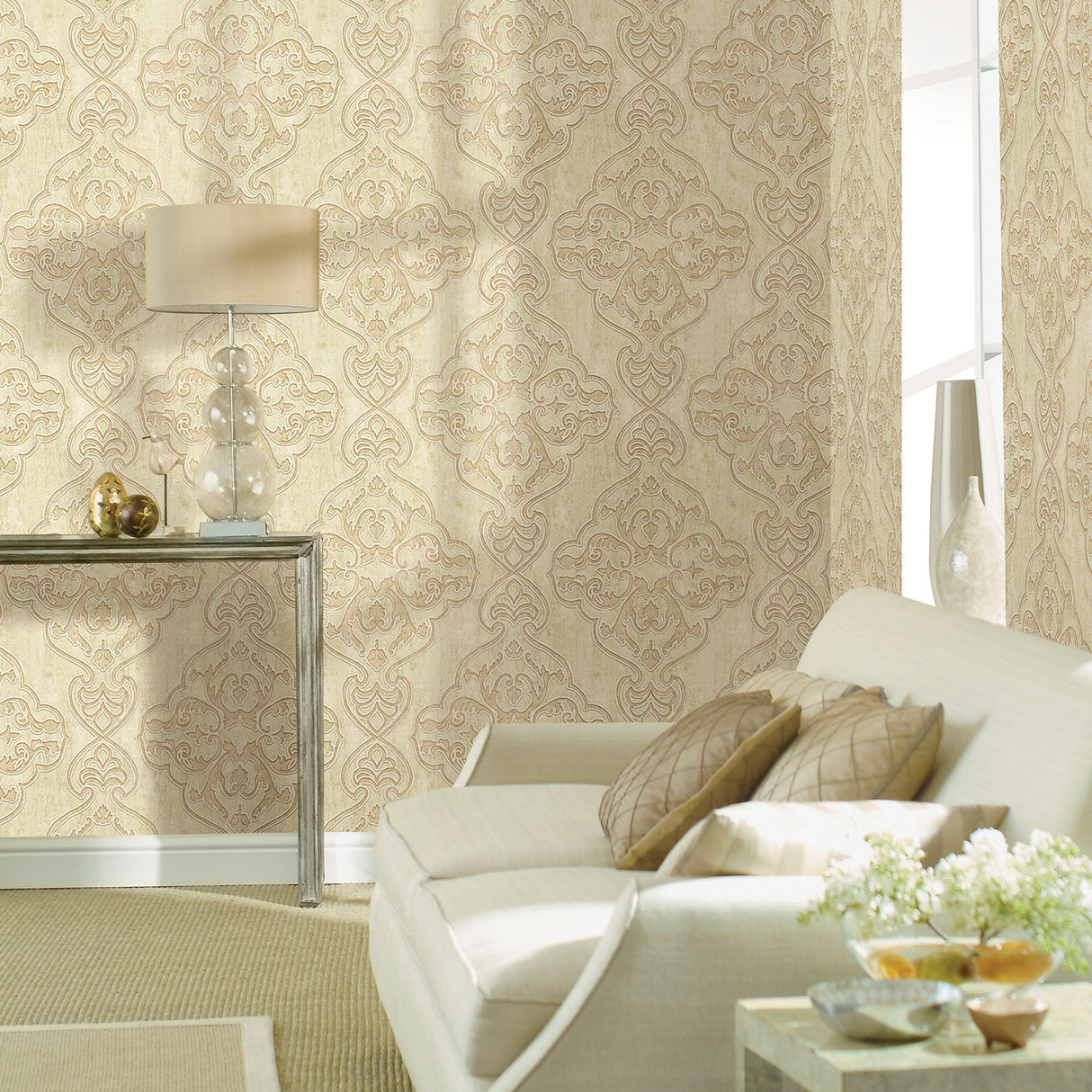 Brewster 2768-3207 Elena Beige Damask Wallpaper