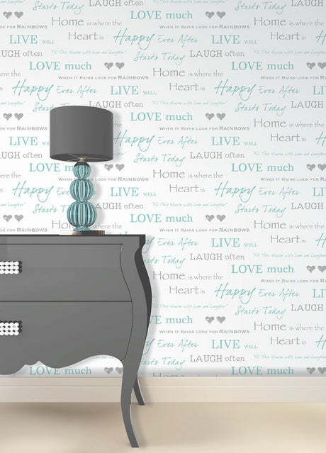 Fine Decor 2900-40428 Happy Home Aqua Text Wallpaper