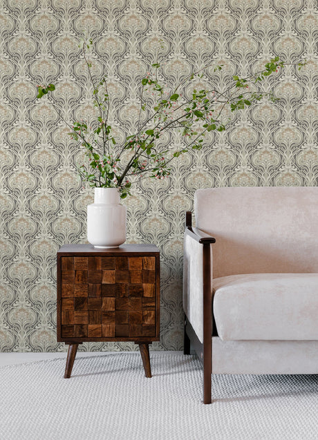A-Street Prints 2970-26150 Mucha Dark Grey Botanical Ogee Wallpaper