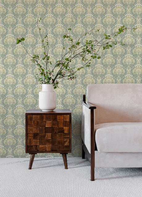A-Street Prints 2970-26151 Mucha Teal Botanical Ogee Wallpaper