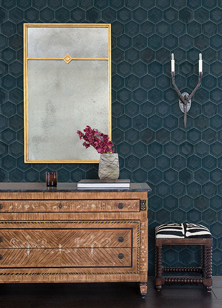 Eade’s Shunan Blue Wood Veneer Inlay Wallpaper Blue