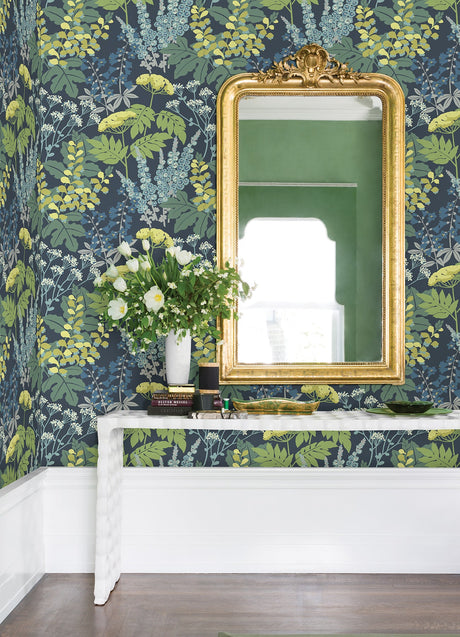 A-Street Prints 2973-90001 Brie Dark Blue Forest Flowers Wallpaper