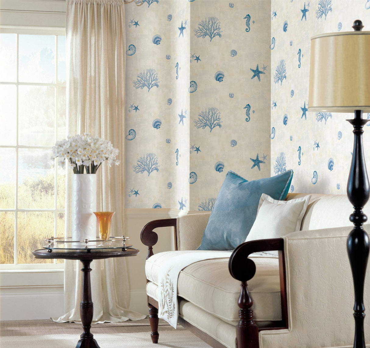 Chesapeake 3113-54531 Boca Raton Blue Seashells Wallpaper