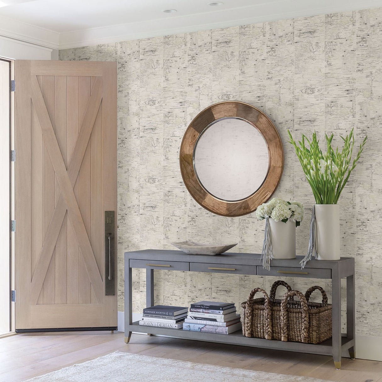 Chesapeake 3118-12641 Champlain Cream Grid Wood Wallpaper