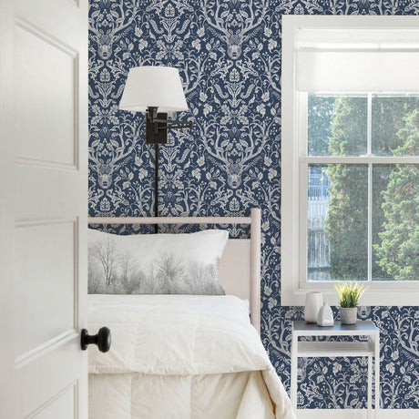 Chesapeake 3118-12703 Kiwassa Navy Antler Damask Wallpaper