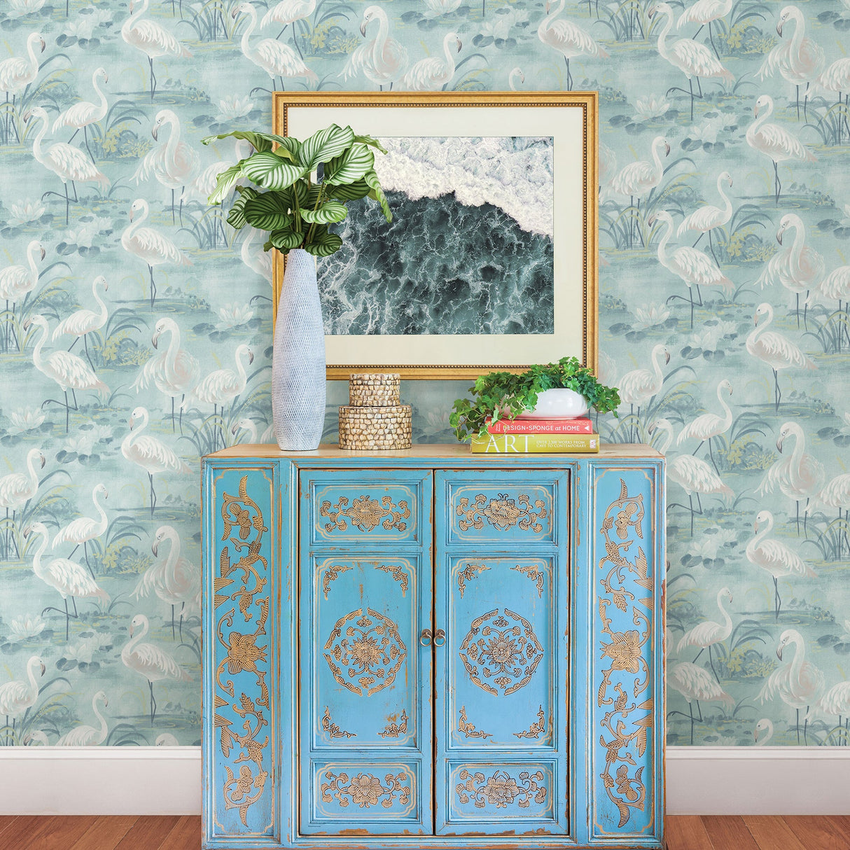 Chesapeake 3120-13604 Everglades Aqua Flamingos Wallpaper