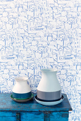 Eijffinger 330225 Kasabian Blue Hillside Village Sketch Wallpaper