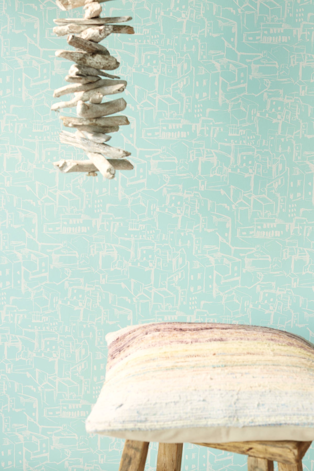 Eijffinger 330228 Kasabian Aqua Hillside Village Sketch Wallpaper