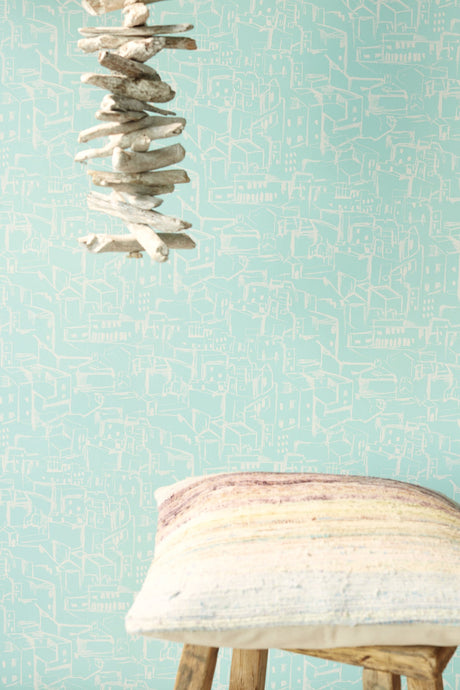 Eijffinger 330228 Kasabian Aqua Hillside Village Sketch Wallpaper