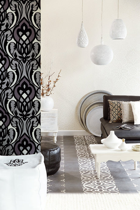 Eijffinger 341722 Sahrzad Black Nouveau Flocked Damask Wallpaper