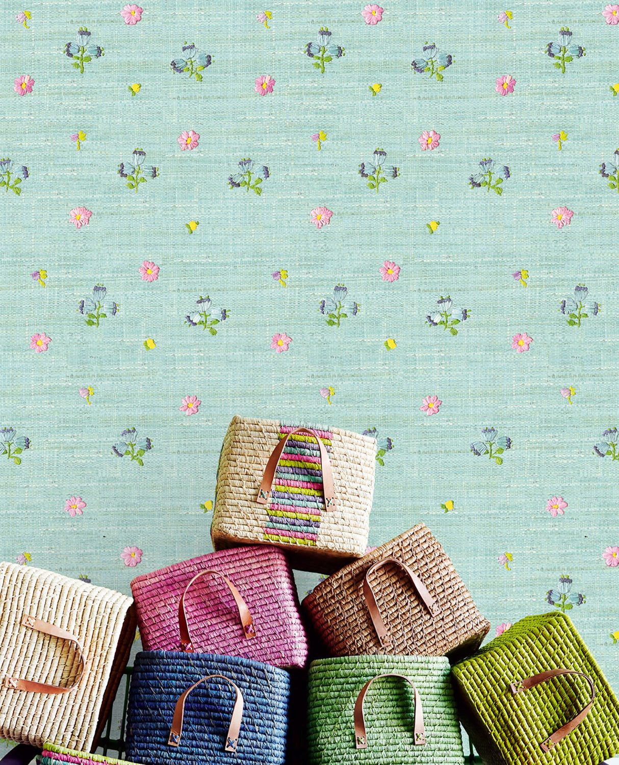 Eijffinger 359157 Gerda Mint Hand Embroidered Raffia Look Wallpaper