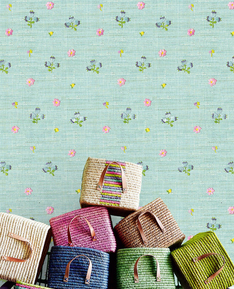 Eijffinger 359157 Gerda Mint Hand Embroidered Raffia Look Wallpaper