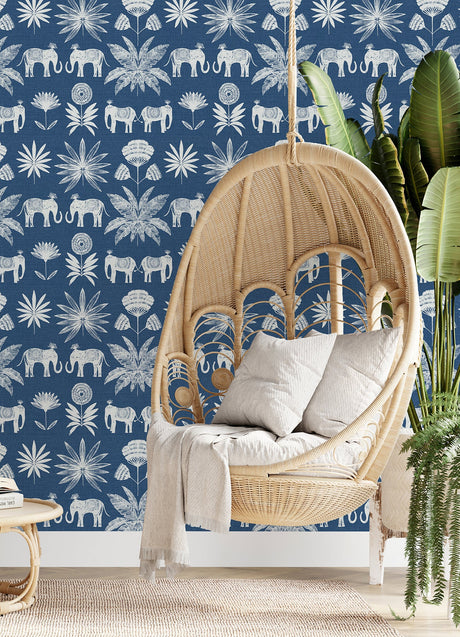 A-Street Prints 4014-26436 Bazaar Blue Elephant Oasis Wallpaper